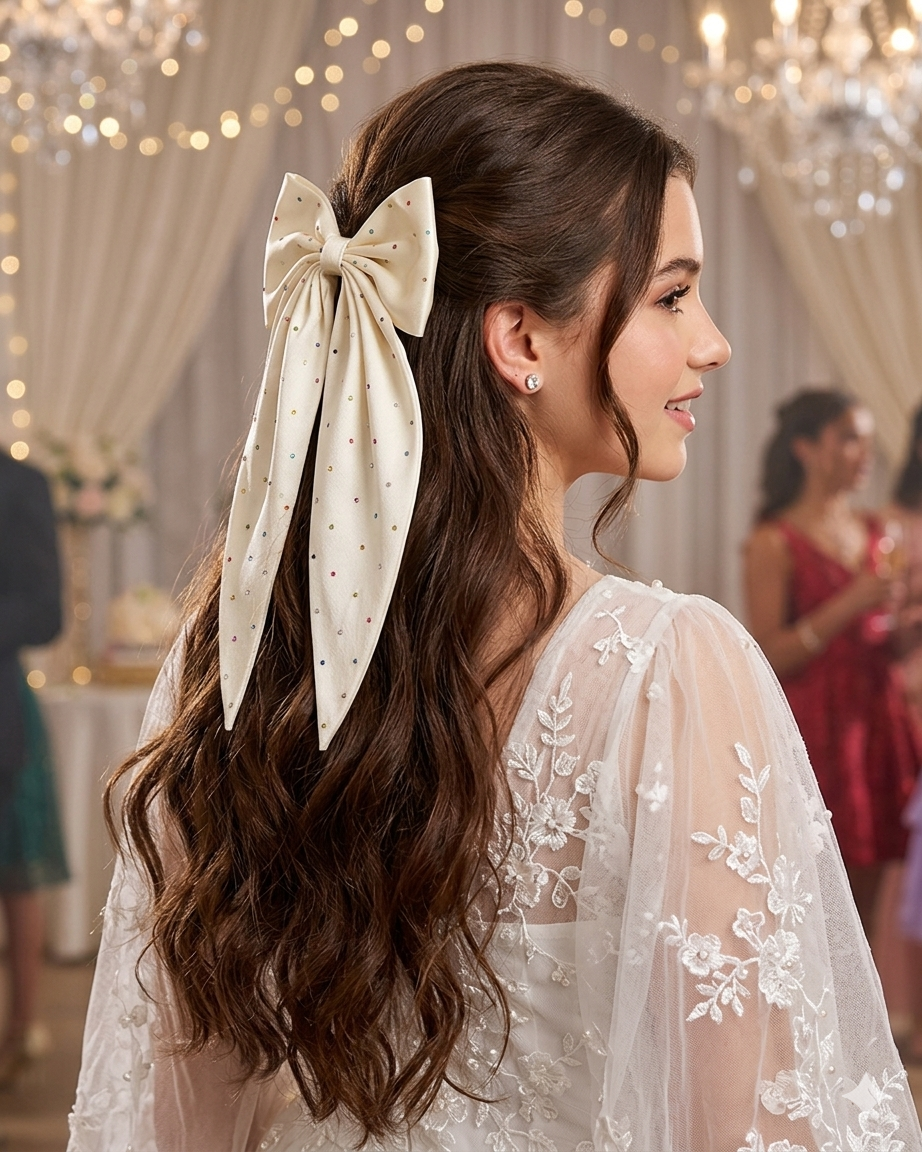 Creamy White Sparkle Long Tail Hair Bow