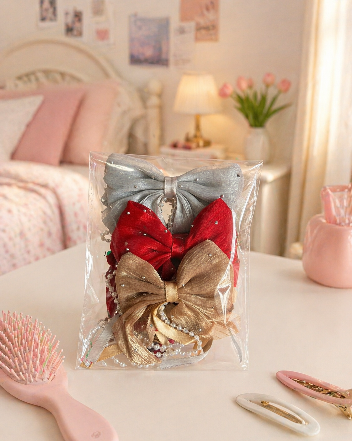 Sheer Bow Hair Tie with Pearl Tassels set of three