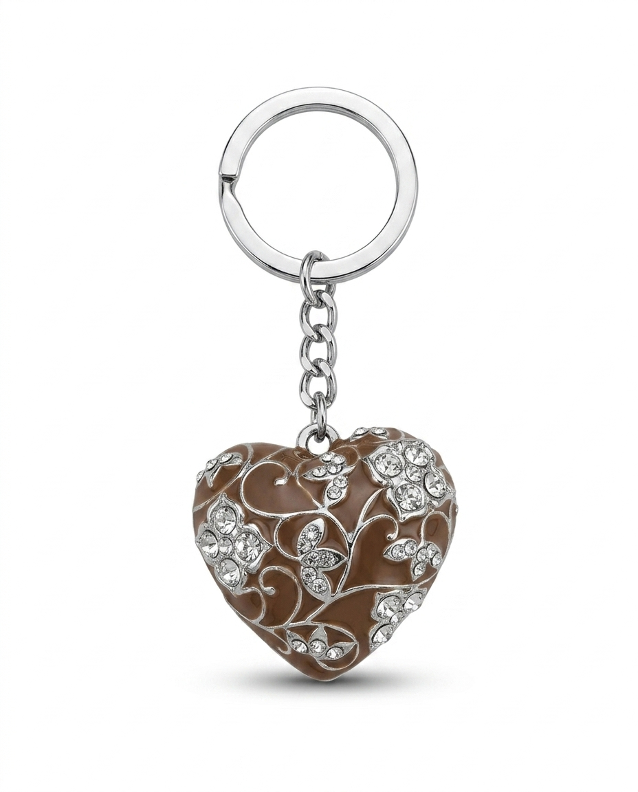 Mocha Filigree Heart Crystal Embellished Artisan Keyring
