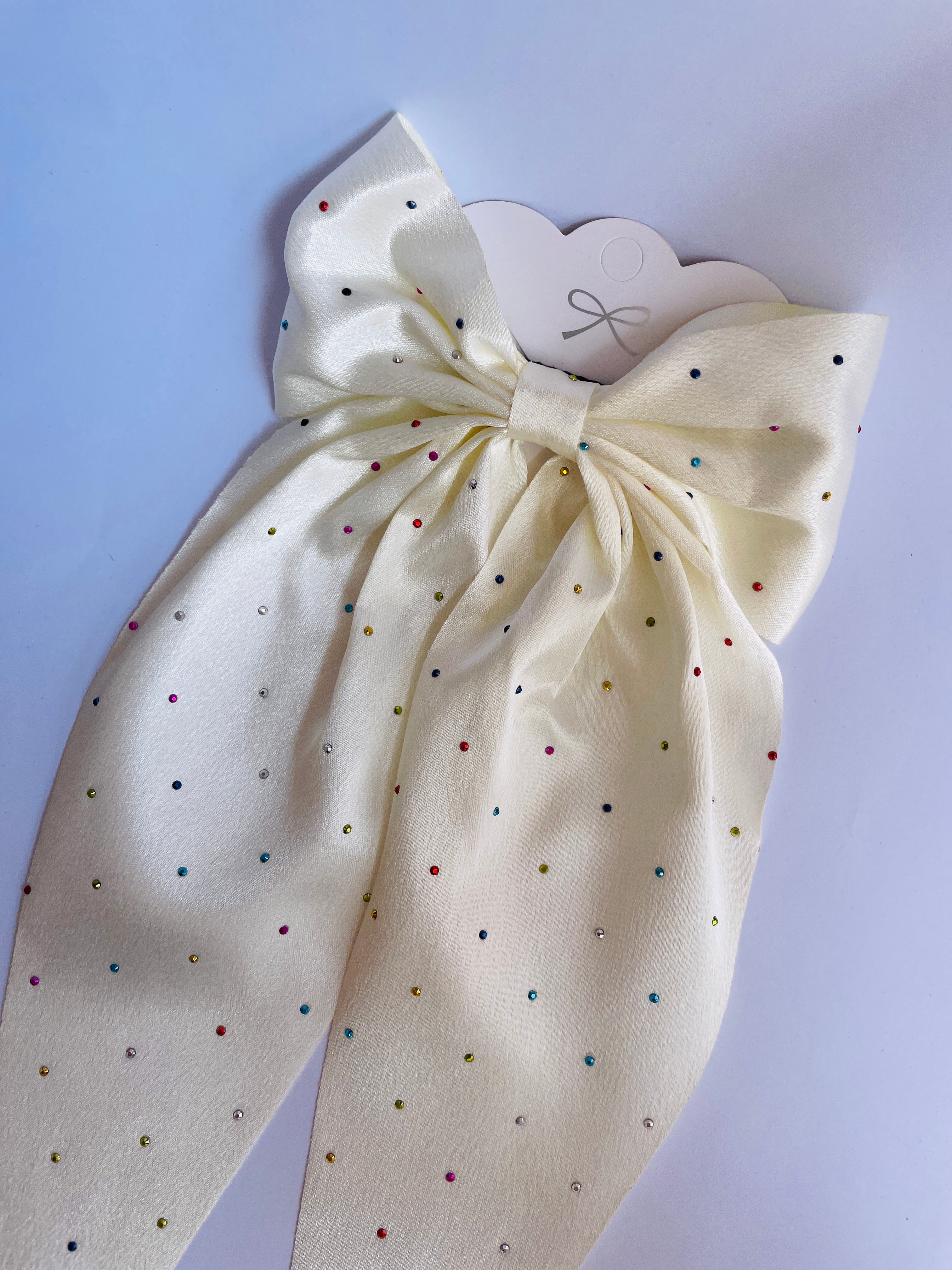 Creamy White Sparkle Long Tail Hair Bow