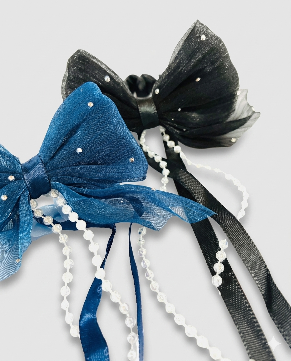 Sheer Bow Hair Tie with Pearl Tassels set of three