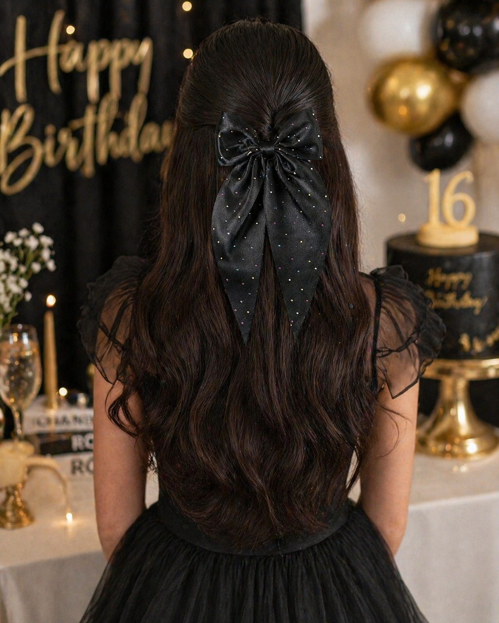 Black Sparkle Long Tail Hair Bow