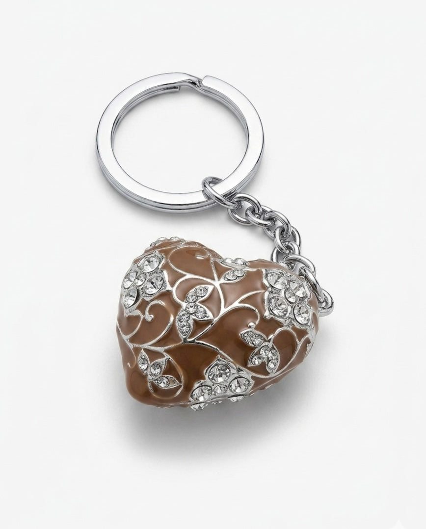 Mocha Filigree Heart Crystal Embellished Artisan Keyring