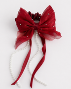 Sheer Bow Hair Tie with Pearl Tassels set of three